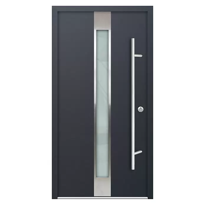 FM Türen Haustür AS68-05 - 110 x 210 cm, DIN Anschlag: Rechts, Anthrazit - Dunkelgraue moderne Tür mit vertikalem Milchglaseinsatz und langem Griff aus gebürstetem Metall.