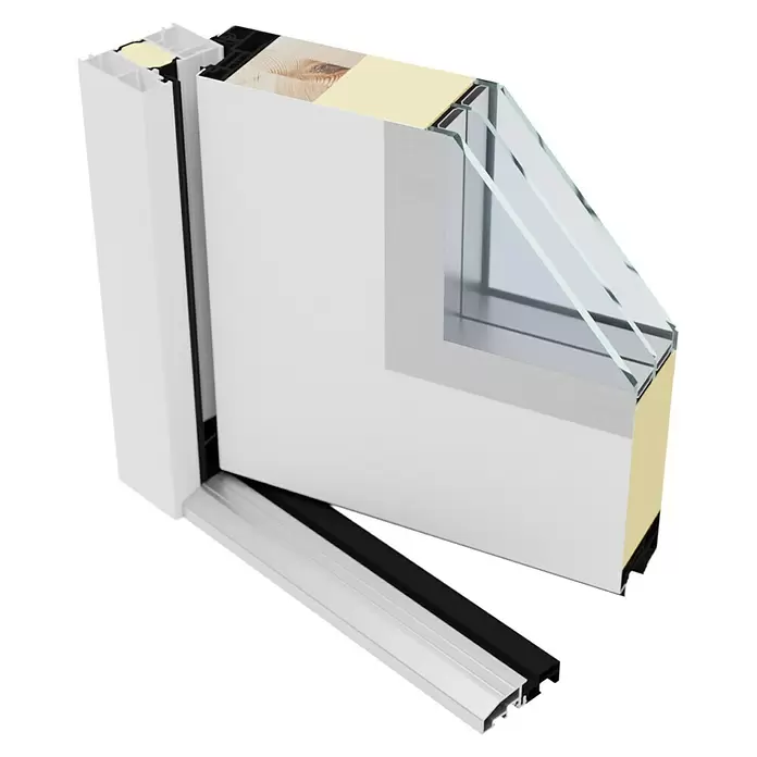 FM Türen Haustür AS68-20 - 110 x 210 cm, DIN Anschlag: Links, Weiß - Querschnitt eines weißen Mehrschichtfensterprofils mit Dreifachverglasung, Holzkern, Isolierung und Metallsockelleiste.