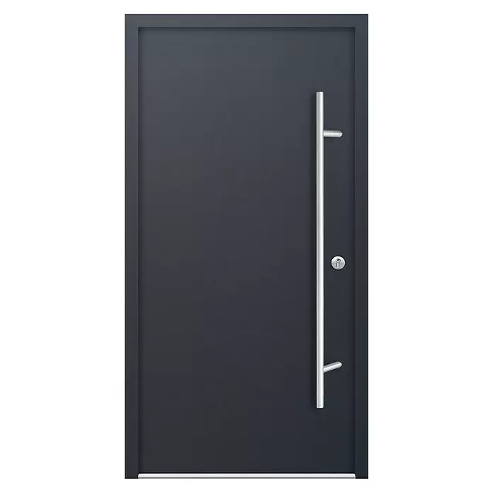 FM Türen Haustür AS68-00 - 110 x 210 cm, DIN Anschlag: Rechts, Anthrazit - Moderne anthrazitfarbene Eingangstür mit langem vertikalem silbernem Stangengriff und Schlüsselloch.