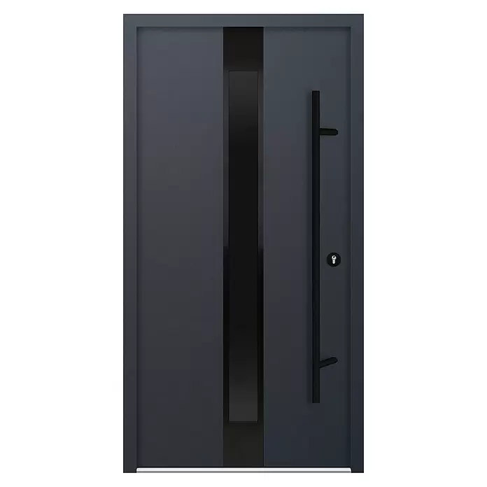 FM Türen Haustür AS68-25 - 110 x 210 cm, DIN Anschlag: Rechts, Anthrazit - Moderne dunkelgraue Tür mit vertikaler schwarzer Glasleiste, langem schwarzem Stangengriff und Schlüsselloch.