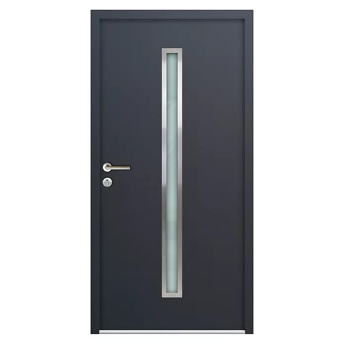 FM Türen Nebeneingangstür NBT56-01 - 110 x 210 cm, DIN Anschlag: Links, Anthrazit - Moderne dunkelgraue Tür mit vertikaler Milchglasscheibe, gebürstetem Metallgriff und Schloss.