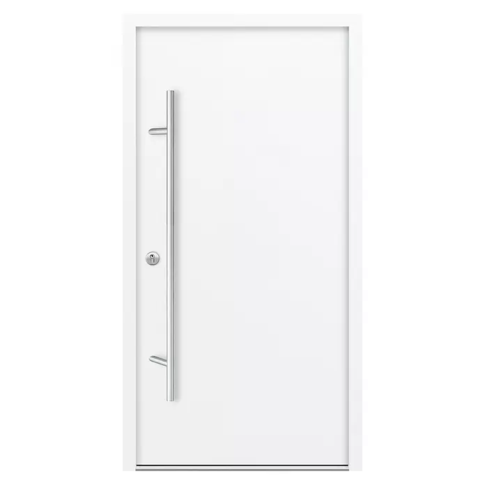 FM Türen Haustür AS68-00 - 110 x 210 cm, DIN Anschlag: Links, Weiß - Weiße Tür mit langem, vertikalem silberfarbenem Griff und Schlüsselloch.