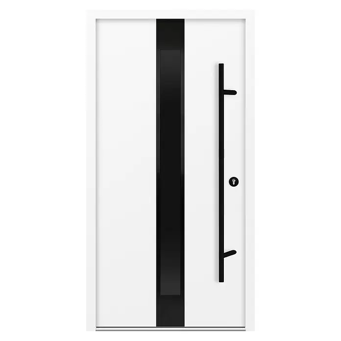 FM Türen Haustür AS68-25 - 110 x 210 cm, DIN Anschlag: Rechts, Weiß - Moderne weiße Eingangstür mit vertikalem schwarzem Griff, schwarzem Zierpaneel und schwarzem Schlüsselloch.