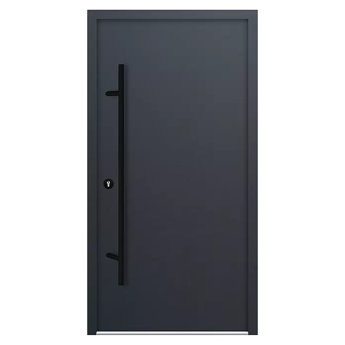 FM Türen Haustür AS68-20 - 110 x 210 cm, DIN Anschlag: Links, Anthrazit - Dunkelgraue moderne Tür mit langem schwarzem vertikalem Stangengriff und Schlüsselloch.