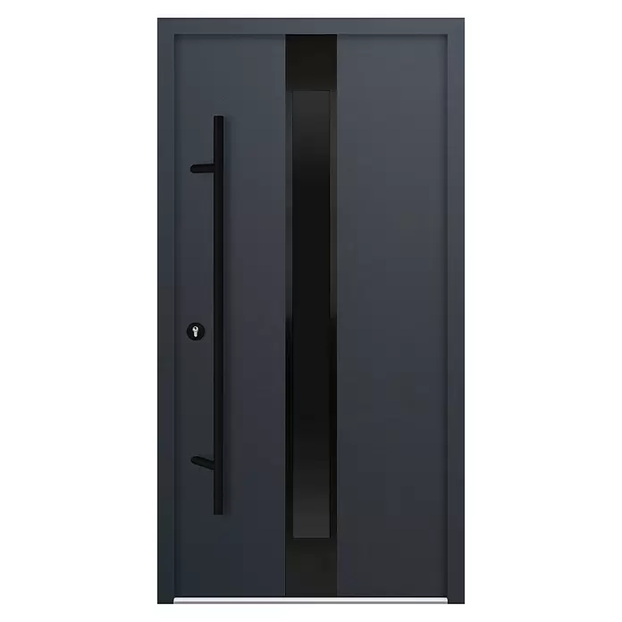 FM Türen Haustür AS68-25 - 110 x 210 cm, DIN Anschlag: Links, Anthrazit - Moderne anthrazitfarbene Eingangstür mit langem schwarzem Stangengriff, Schlüsselloch und vertikalem schwarzen Glaseinsatz.