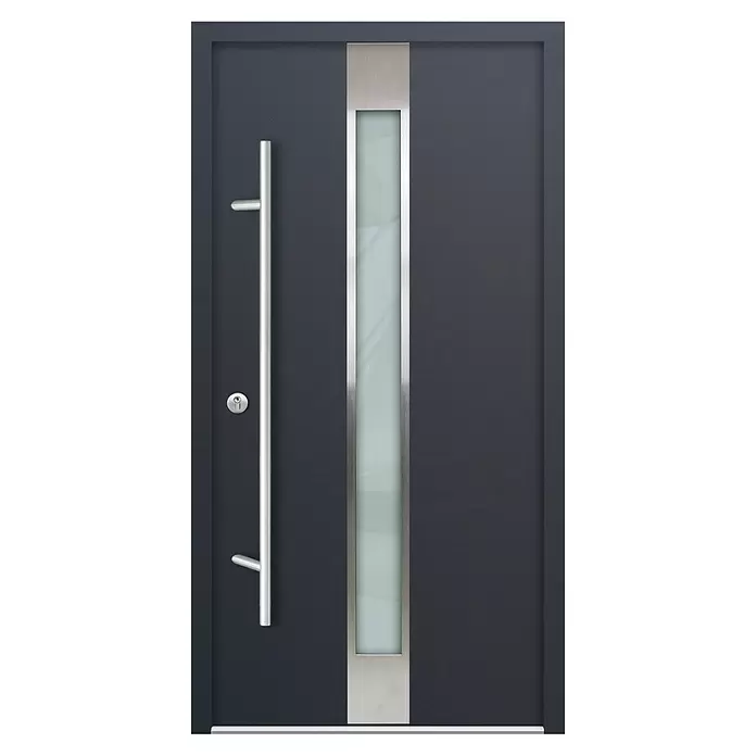 FM Türen Haustür AS68-05 - 110 x 210 cm, DIN Anschlag: Links, Anthrazit - Moderne dunkelgraue Haustür mit langem Edelstahlgriff und vertikalem Milchglaseinsatz.