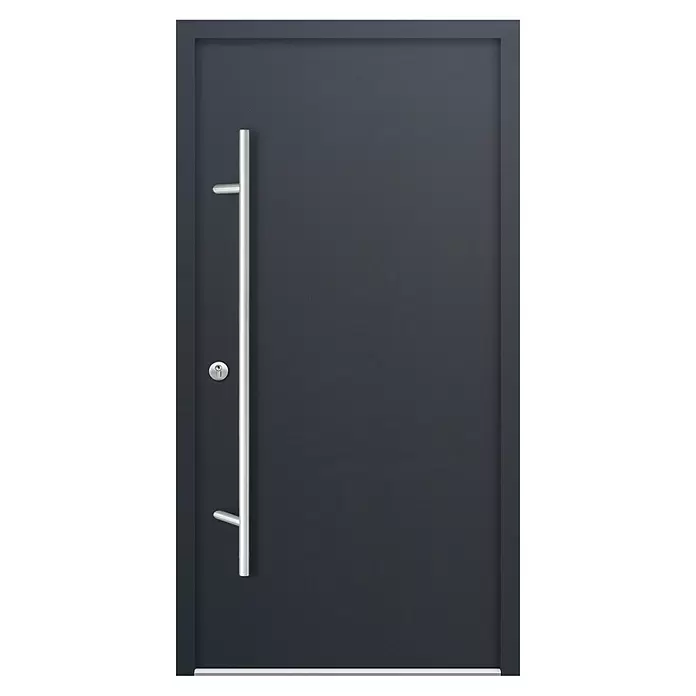 FM Türen Haustür AS68-00 - 110 x 210 cm, DIN Anschlag: Links, Anthrazit - Dunkelgraue moderne Eingangstür mit langem silbernem Stangengriff und Schlüsselloch.