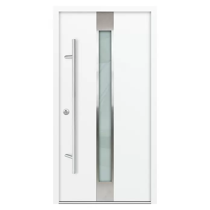 FM Türen Haustür AS68-05 - 110 x 210 cm, DIN Anschlag: Links, Weiß - Moderne weiße Tür mit langem gebürstetem Metallgriff, Schlüsselloch und vertikaler Mattglasscheibe mit Metallleiste.