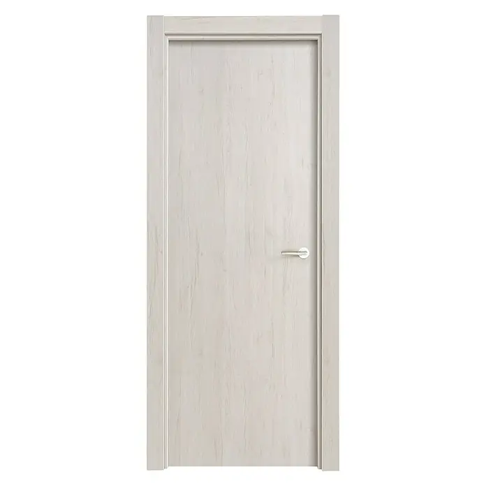 Solid Elements Puerta interior vinílica Quebec - 72,5 x 203 cm, Izquierda, Blanco gris, Alveolar - Imagen de una puerta de madera clara con una manija moderna. La puerta tiene un aspecto sencillo y elegante y se adapta bien.