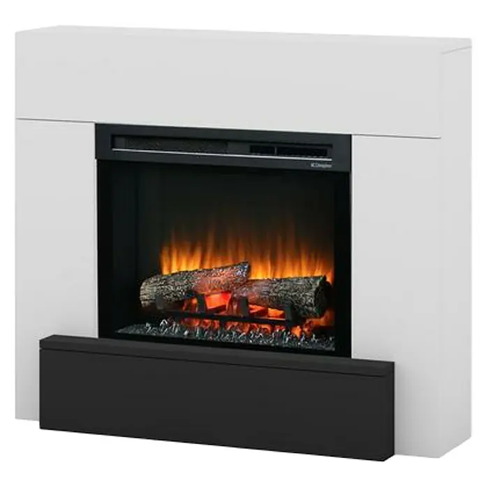 Dimplex Chimenea eléctrica Vigor - Blanco/Negro, 1.400 W, L x An x Al: 29 x 102 x 88,1 cm - Primer plano de una chimenea eléctrica con simulación de troncos y efectos de llama realistas.