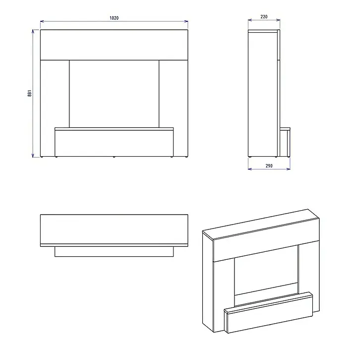 Dimplex Chimenea eléctrica Vigor - Blanco/Negro, 1.400 W, L x An x Al: 29 x 102 x 88,1 cm - Representación de una elegante chimenea con dimensiones precisas, ideal para espacios de vida modernos.