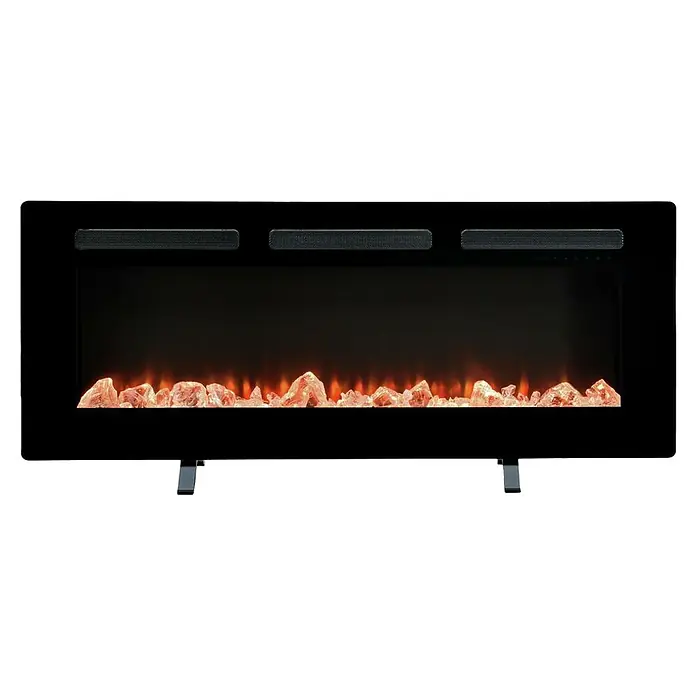 Dimplex Chimenea eléctrica Sierra 48 - Negro, 1.300 W - 1.600 W, 13,3 x 104,6 x 54,7 cm - Primer plano de una chimenea eléctrica con llamas simuladas y piedras decorativas, diseñada para crear un ambiente acogedor.