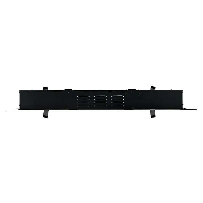Dimplex Chimenea eléctrica Sierra 48 - Negro, 1.300 W - 1.600 W, 13,3 x 104,6 x 54,7 cm - Vista de un dispositivo rectangular negro con rejillas de ventilación y herrajes de montaje plateados, posiblemente un equipo electrónico.