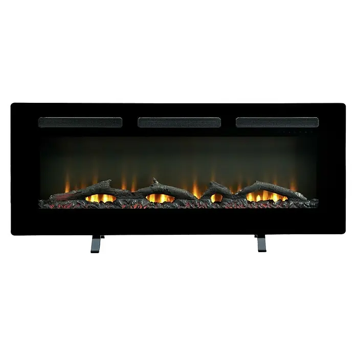 Dimplex Chimenea eléctrica Sierra 48 - Negro, 1.300 W - 1.600 W, 13,3 x 104,6 x 54,7 cm - Primer plano de una chimenea eléctrica con troncos y llamas simuladas, enmarcada en un elegante marco negro.