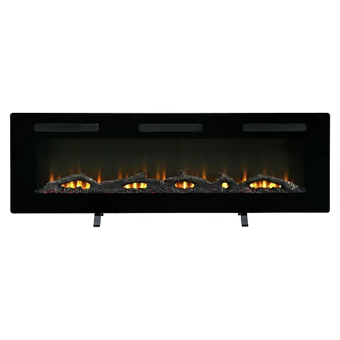 Dimplex Chimenea eléctrica Sierra 60 - Negro, 1.300 W - 1.600 W, 13,3 x 131,8 x 54,7 cm - Primer plano de una chimenea eléctrica moderna con llamas realistas y troncos simulados.