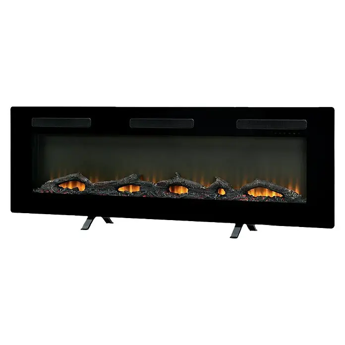 Dimplex Chimenea eléctrica Sierra 60 - Negro, 1.300 W - 1.600 W, 13,3 x 131,8 x 54,7 cm - Primer plano de una elegante chimenea eléctrica negra con llamas y troncos simulados, creando un ambiente acogedor.