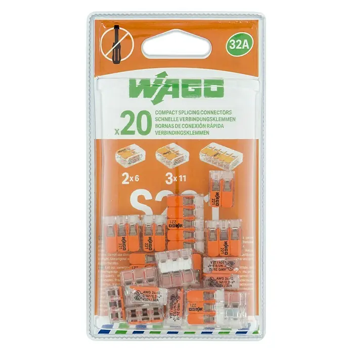 Wago Conector rápido Compacto Mix 2, 3, 5 conductores - 450 V, 32 A, 20 ud. - Imagen de un paquete de bornes Wago 221.