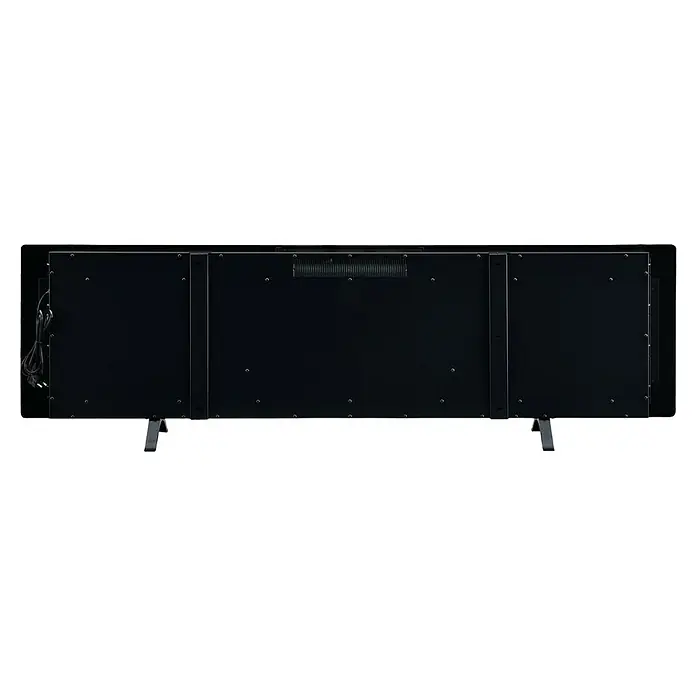 Dimplex Chimenea eléctrica Sierra 72 - Negro, 1.300 W - 1.600 W, 13,3 x 162,6 x 54,7 cm - Vista posterior de un panel de calefacción negro que muestra el cable de alimentación y los pies, combinando diseño y funcionalidad.