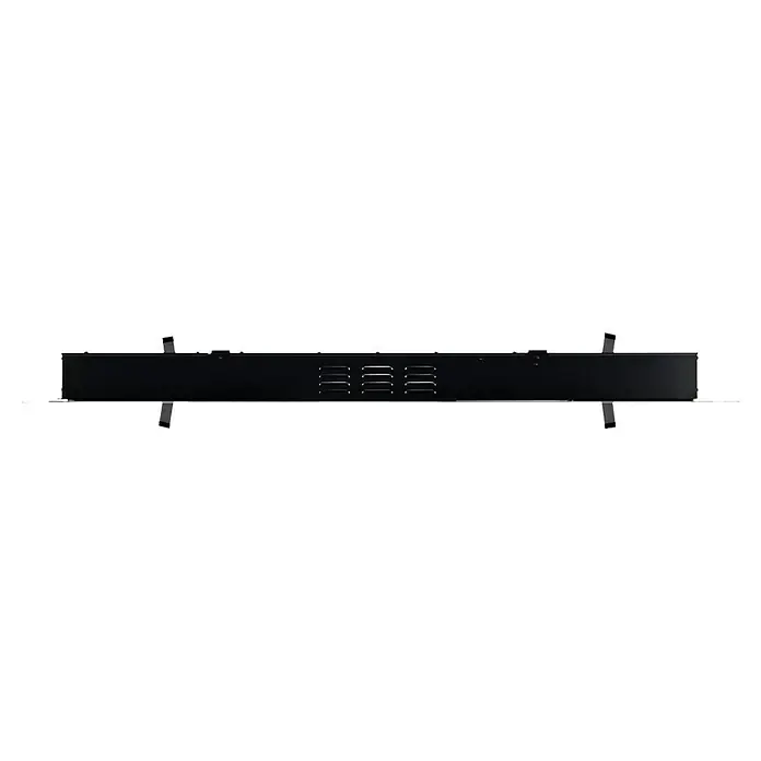 Dimplex Chimenea eléctrica Sierra 72 - Negro, 1.300 W - 1.600 W, 13,3 x 162,6 x 54,7 cm - Vista de un dispositivo plano y negro con ranuras de ventilación en el centro y soportes de montaje en la parte superior e inferior.