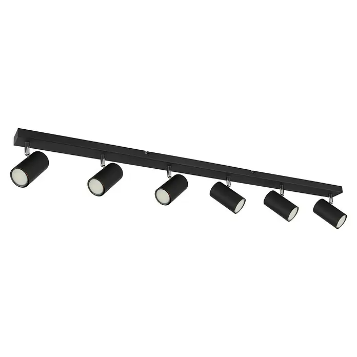 Globo Robby Regleta Robby - 35 W, L x An x Al: 115 x 6 x 12 cm, Negro, Negro, GU10 - Toma de una lámpara de techo negra con siete focos, que ofrece una solución de iluminación moderna para cualquier habitación.