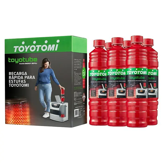 Toyotomi Parafina Toyotube - 1,4 l, 6 ud. - Imagen de Toyotomi Toyotube Fluid Energy Refill, que consta de una caja y seis botellas rojas, ideal para recargas rápidas de estufas.