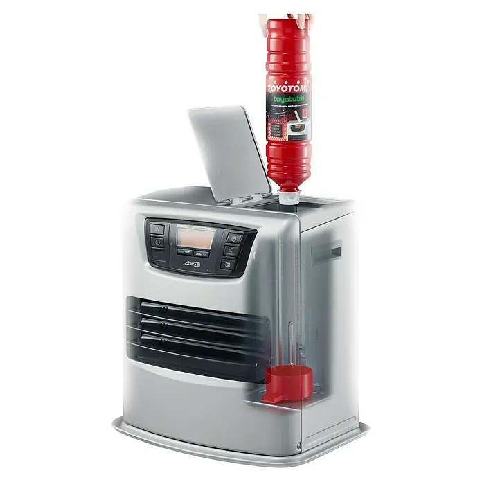 Toyotomi Parafina Toyotube - 1,4 l, 6 ud. - Estufa de parafina Zibro gris llenándose con bidón Toyotomi rojo. Rendimiento de calefacción óptimo para tu hogar en invierno.