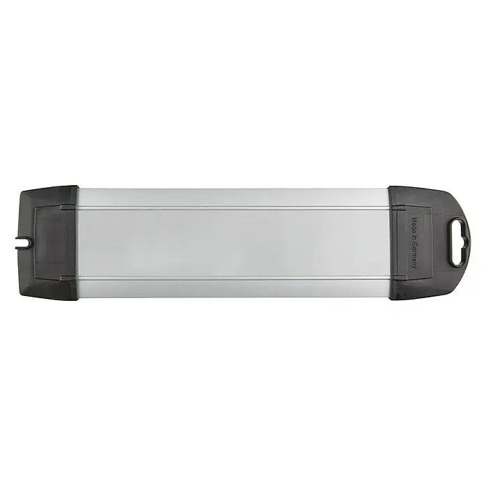 Brennenstuhl Premium-Alu-Line Base de enchufe múltiple - Número de enchufes Schuko: 4 ud., Negro/Plateado, Longitud del cable: 1,8 m, IP20, Con interruptor - Una batería plateada para e-bike con tapas negras, fabricada en Alemania, que ofrece energía confiable para las aventuras en bicicleta.
