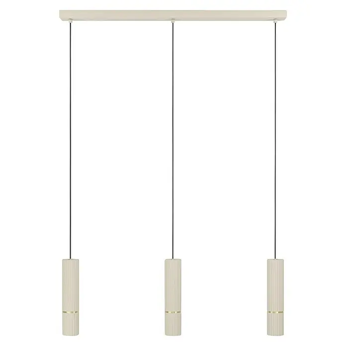 Eglo Caminia Lámpara colgante LED - 4,7 W, Blanco cálido, Número de bombillas: 3 ud. - Lámpara colgante beige con tres luces y pantallas cilíndricas de nervaduras verticales, ofreciendo una iluminación elegante.