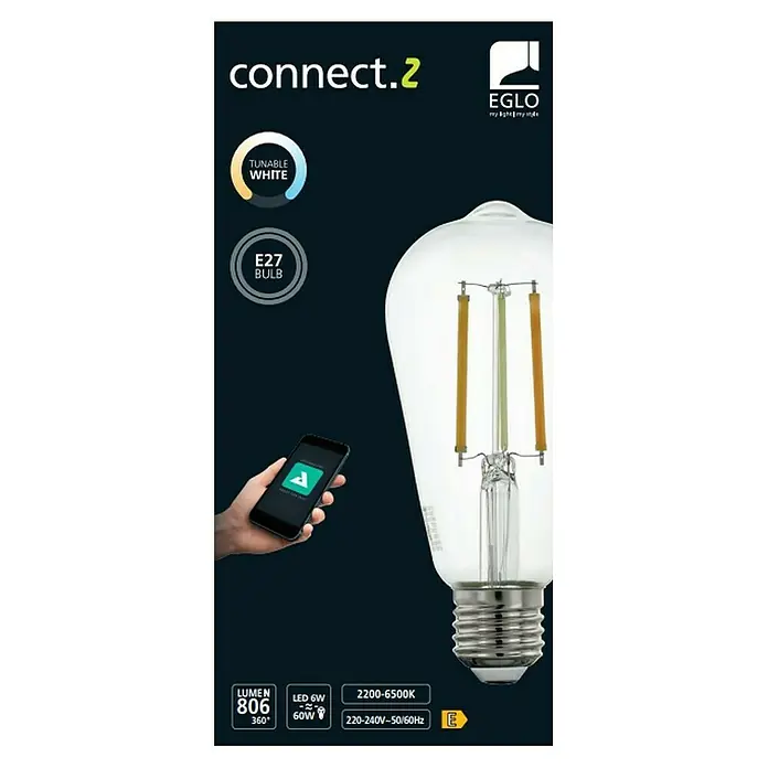 Eglo connect.z Smart-LED-Lampe - E27, Dimmbar, Neutralweiß, 806 lm - Produktabbildung einer smarten E27 LED-Glühbirne von EGLO Connect.2 mit tunable White Funktion und 806 Lumen Lichtstrom.