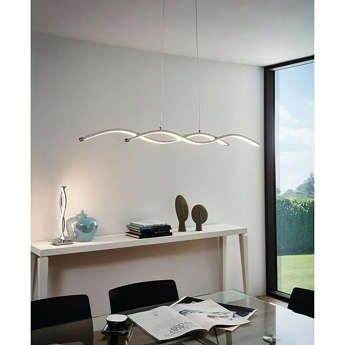 Eglo Lasana 2 Lámpara colgante LED - Altura: 120 cm, 1.200 lm - Lámpara colgante LED moderna con diseño curvo. La lámpara ilumina con estilo una mesa de comedor en un interior moderno, proporcionando una iluminación agradable.