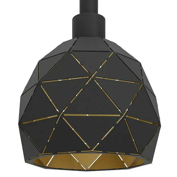 Eglo Roccaforte Lámpara colgante redonda - 120 W, L x An x Al: 75 x 17 x 110 cm, Negro, E14 - Primer plano de una lámpara colgante negra moderna con diseño geométrico e interior dorado, creando un ambiente elegante.