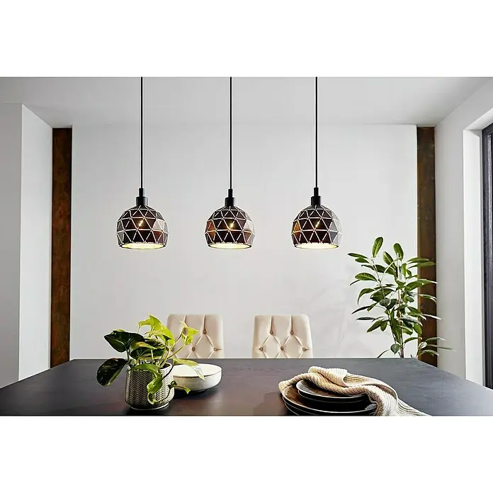 Eglo Roccaforte Lámpara colgante redonda - 120 W, L x An x Al: 75 x 17 x 110 cm, Negro, E14 - Lámparas colgantes con pantallas geométricas sobre una mesa de comedor crean un ambiente acogedor para comer.