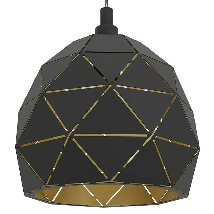 Eglo Roccaforte Pendelleuchte rund Roccaforte - Höhe: 110 cm, Schwarz - Moderne schwarze Hängeleuchte mit geometrischen Ausschnitten und goldenem Interieur, die ein stilvolles und dekoratives Lichtelement bietet.