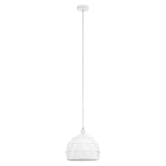 Eglo Roccaforte Lámpara colgante redonda - 60 W, Ø x Al: 30 x 110 cm, Blanco, E27 - Toma de una sola lámpara colgante blanca con pantalla geométrica y suspensión larga y delgada, sobre un fondo oscuro.