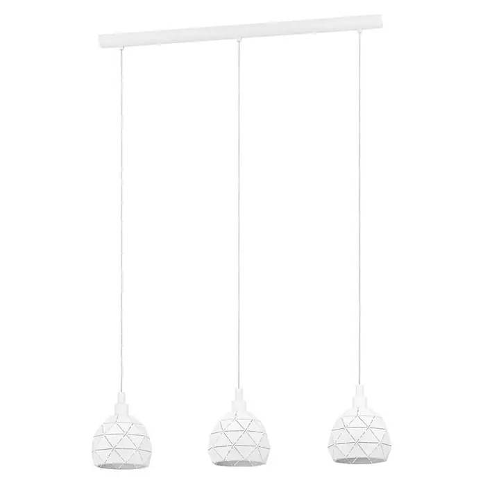 Eglo Roccaforte Lámpara colgante redonda - 40 W, L x An x Al: 45 x 17 x 110 cm, Blanco, E14 - Lámpara colgante con tres pantallas geométricas blancas que cuelgan de una barra horizontal.