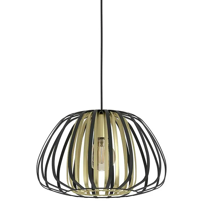 Eglo Encinitos Lámpara colgante redonda - 40 W, Ø x Al: 375 x 110 cm, Negro/Oro, E27 - Atractiva lámpara colgante con una jaula de metal negro y un interior dorado que emite una luz cálida y crea un ambiente elegante.