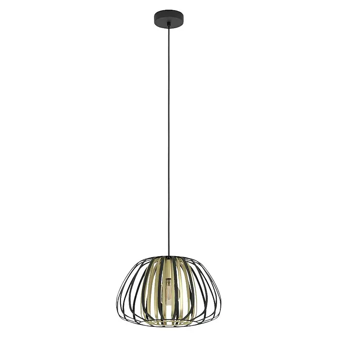 Eglo Encinitos Lámpara colgante redonda - 40 W, Ø x Al: 375 x 110 cm, Negro/Oro, E27 - Lámpara colgante moderna con una pantalla negra en forma de jaula y detalles dorados, que irradia una luz cálida y acogedora.