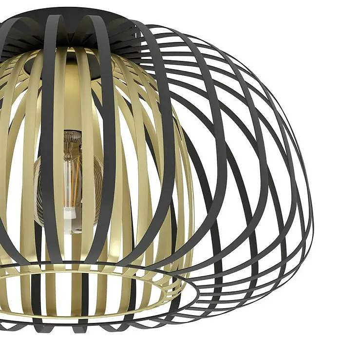 Eglo Encinitos Plafón redondo - 40 W, Ø x Al: 45 x 26 cm, Negro/Oro, E27 - Primer plano de una lámpara colgante moderna y elegante con un diseño de jaula en negro y dorado y una bombilla decorativa.