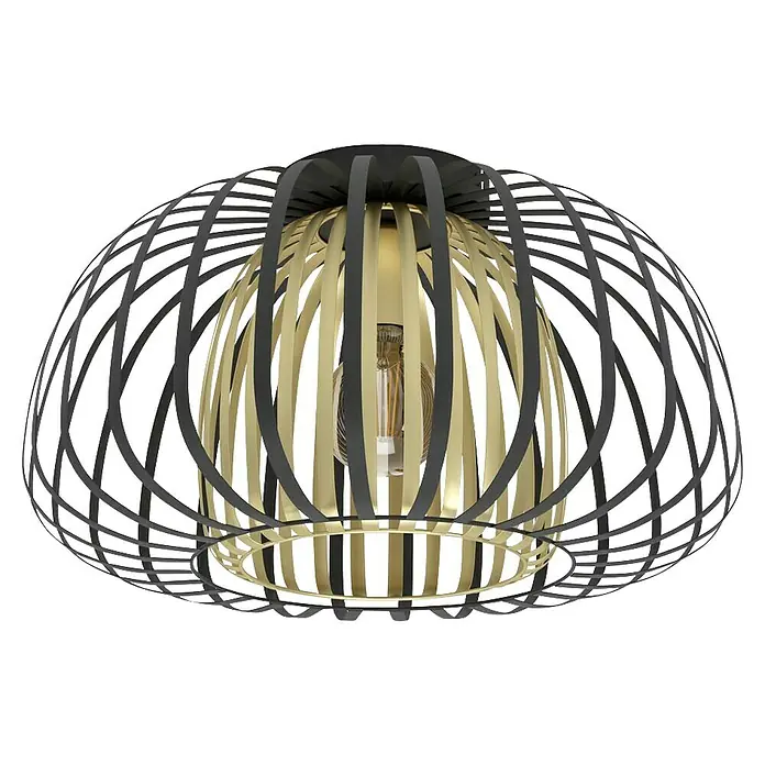 Eglo Encinitos Plafón redondo - 40 W, Ø x Al: 45 x 26 cm, Negro/Oro, E27 - Elegante lámpara de techo con un diseño de jaula de puntales de metal negro y detalles dorados, que emite un brillo cálido y acogedor en la habitación.