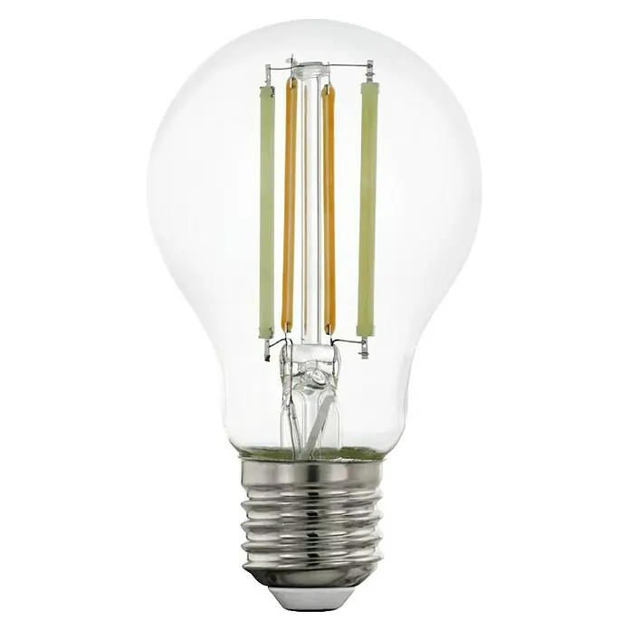 Eglo connect.z Bombilla LED inteligente - E27, Intensidad regulable, Blanco cálido, 806 lm, 6 W - Primer plano de una bombilla de filamento LED transparente con base plateada sobre fondo negro.