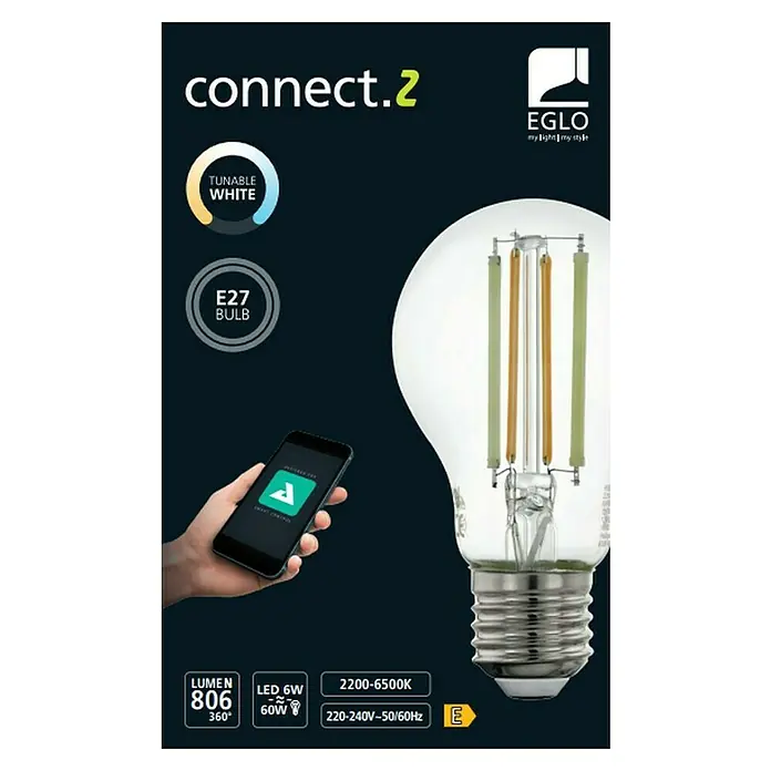 Eglo connect.z Smart-LED-Lampe A60 - E27, Dimmbar, Warmweiß, 806 lm, 6 W - Produktverpackung für eine EGLO Connect.Z E27 LED-Lampe mit 6W, tunable white Funktion und Steuerung per App.