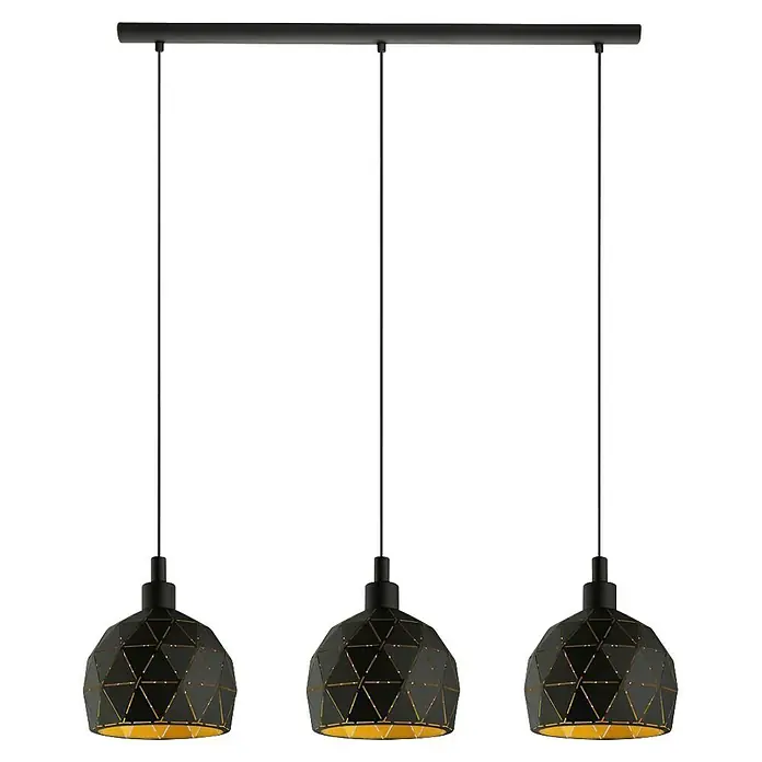 Eglo Roccaforte Lámpara colgante redonda - 120 W, L x An x Al: 75 x 17 x 110 cm, Negro, E14 - Lámpara colgante negra de tres luces con patrón geométrico e interior dorado, una elección de iluminación elegante.