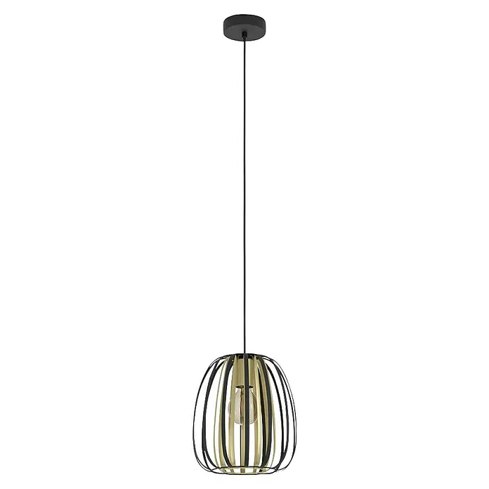 Eglo Encinitos Lámpara colgante redonda - 40 W, Ø x Al: 25,5 x 110 cm, Negro/Oro, E27 - Lámpara colgante moderna con una pantalla hecha de rayas negras y doradas. La luz cuelga de una vara larga y negra.