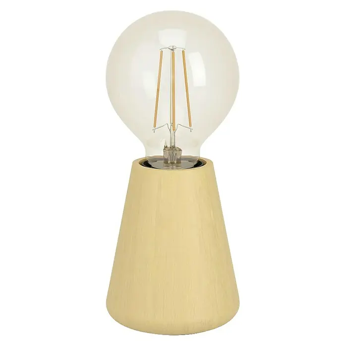 Eglo Lámpara de sobremesa Asby - 40 W, Beige, E27 - Primer plano de una lámpara de mesa con una gran pantalla transparente en forma de bombilla y una base cónica de madera amarilla clara.