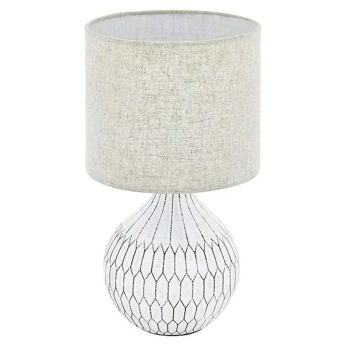 Lámpara de sobremesa redonda Bellariva 3 - 40 W, Ø x Al: 30 x 36 cm, Blanco, E27 - Elegante lámpara de mesa con base blanca de panal y pantalla de tela clara. Proporciona una luz suave e indirecta.