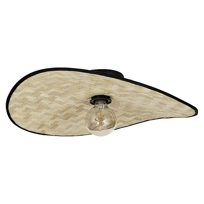 Eglo Plafón Marywell - 40 W, L x An x Al: 50 x 34,5 x 16,5 cm, E27 - Primer plano de una lámpara colgante decorativa con una pantalla de bambú tejido y una bombilla Edison.