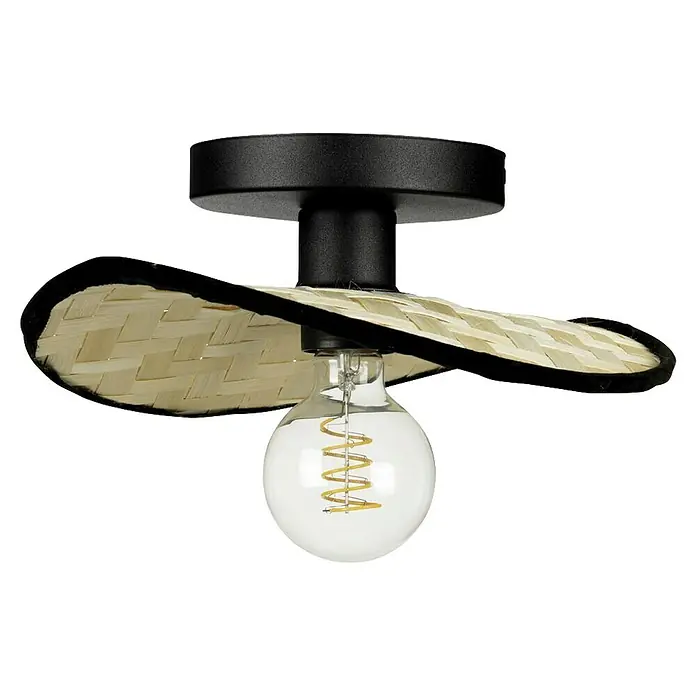 Eglo Aplique de pared Marywell - 40 W, Negro, E27 - Lámpara de techo única con base negra y pantalla de paja tejida sobre una bombilla expuesta.