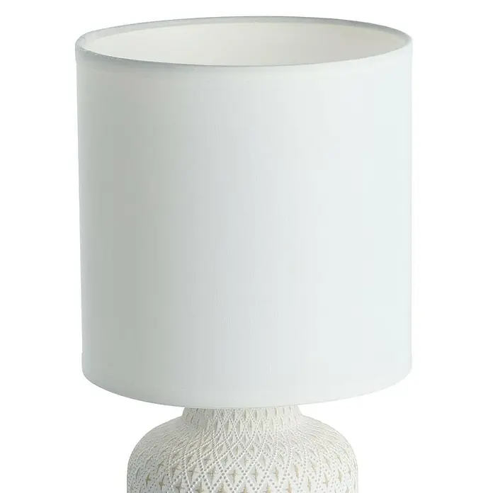 Eglo Lámpara de sobremesa redonda Bellariva - 40 W, Ø x Al: 15 x 32 cm, Blanco/Crema, E27 - Primer plano de una elegante lámpara de mesa blanca con base texturizada y pantalla cilíndrica para una iluminación ambiental.