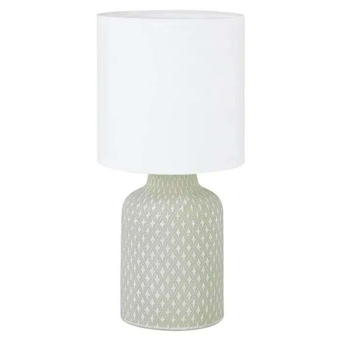 Eglo Lámpara de sobremesa redonda Bellariva - 40 W, Ø x Al: 13 x 32 cm, Blanco/Gris, E14 - Una lámpara de mesa moderna con una pantalla cilíndrica y una base estampada, ideal para añadir ambiente a cualquier habitación.