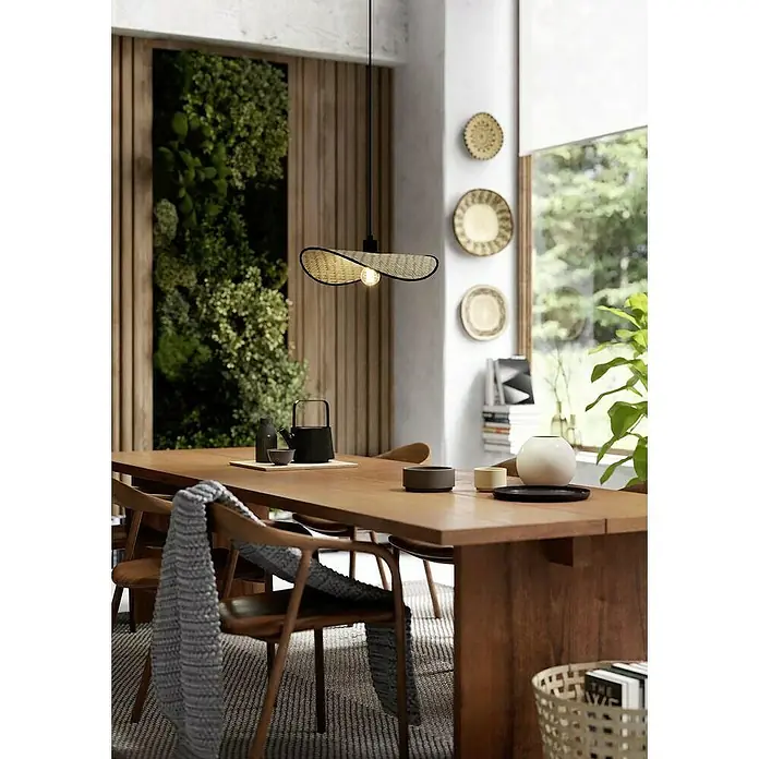 Eglo Lámpara colgante Marywell - 40 W, L x An x Al: 50 x 34,5 x 110 cm, E27 - Elegante lámpara colgante de ratán sobre una mesa de comedor, que proporciona iluminación natural y elegante al espacio.